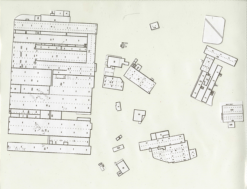 Process image. Scanned building floor plan cut outs, made by Anne White.